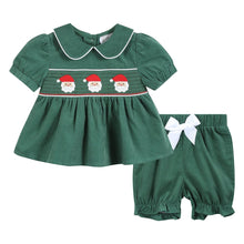 Load image into Gallery viewer, Green Velvet Smocked Santa Bloomer Set
