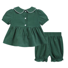 Load image into Gallery viewer, Green Velvet Smocked Santa Bloomer Set
