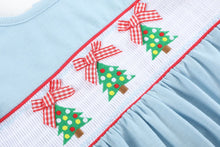 Load image into Gallery viewer, Light Blue Christmas Tree Smocked Knit Romper
