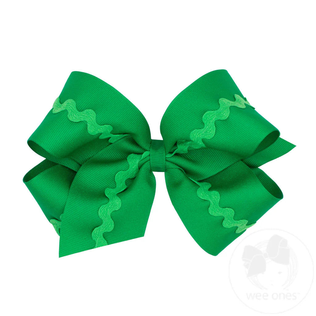 Grosgrain Hair Bow with Ric-Rac Trim - Green