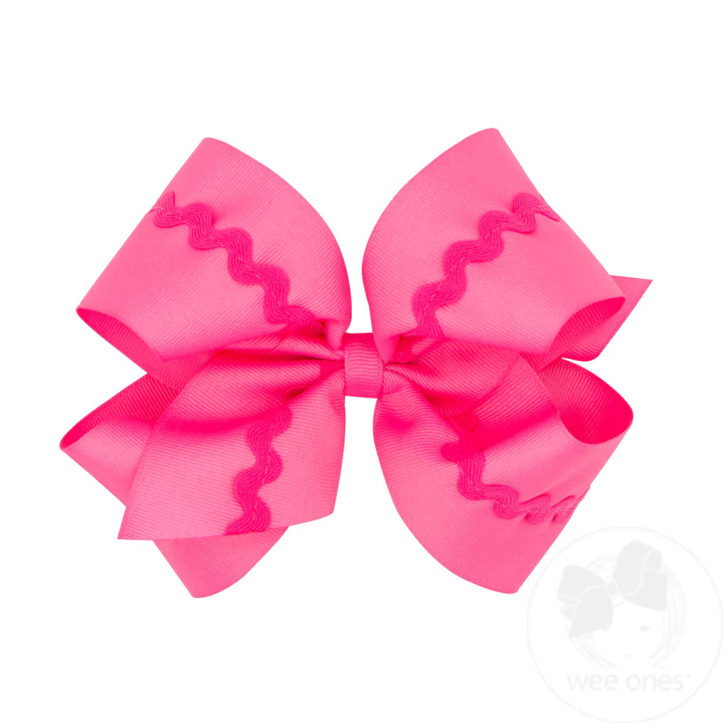 Grosgrain Hair Bow with Ric-Rac Trim - Hot Pink