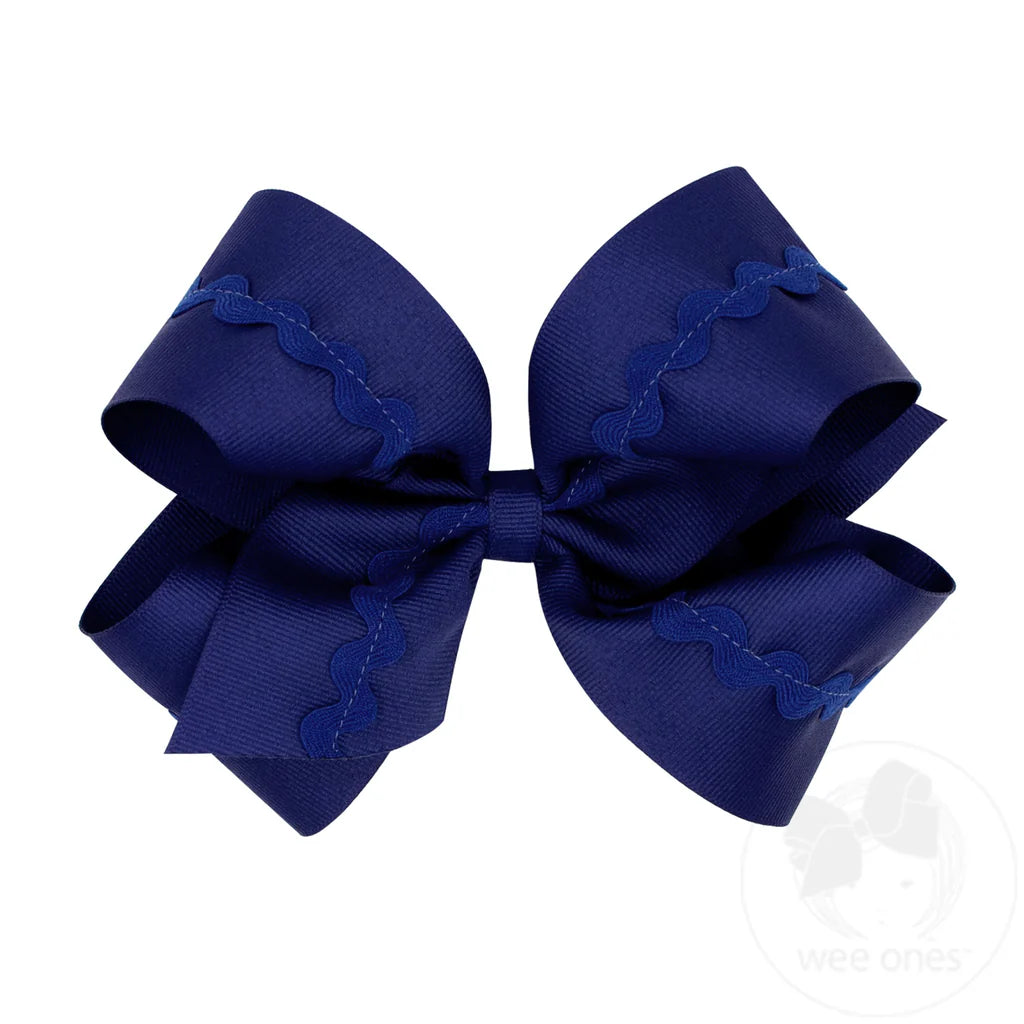 Grosgrain Hair Bow with Ric-Rac Trim - Light Navy