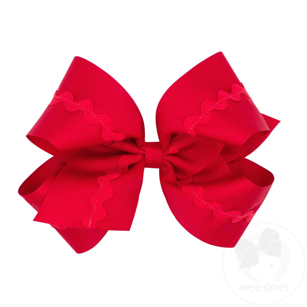 Grosgrain Hair Bow with Ric-Rac Trim - Red