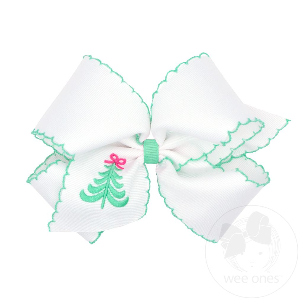 Christmas Tree Grosgrain Bow with Green Moonstitch Edge