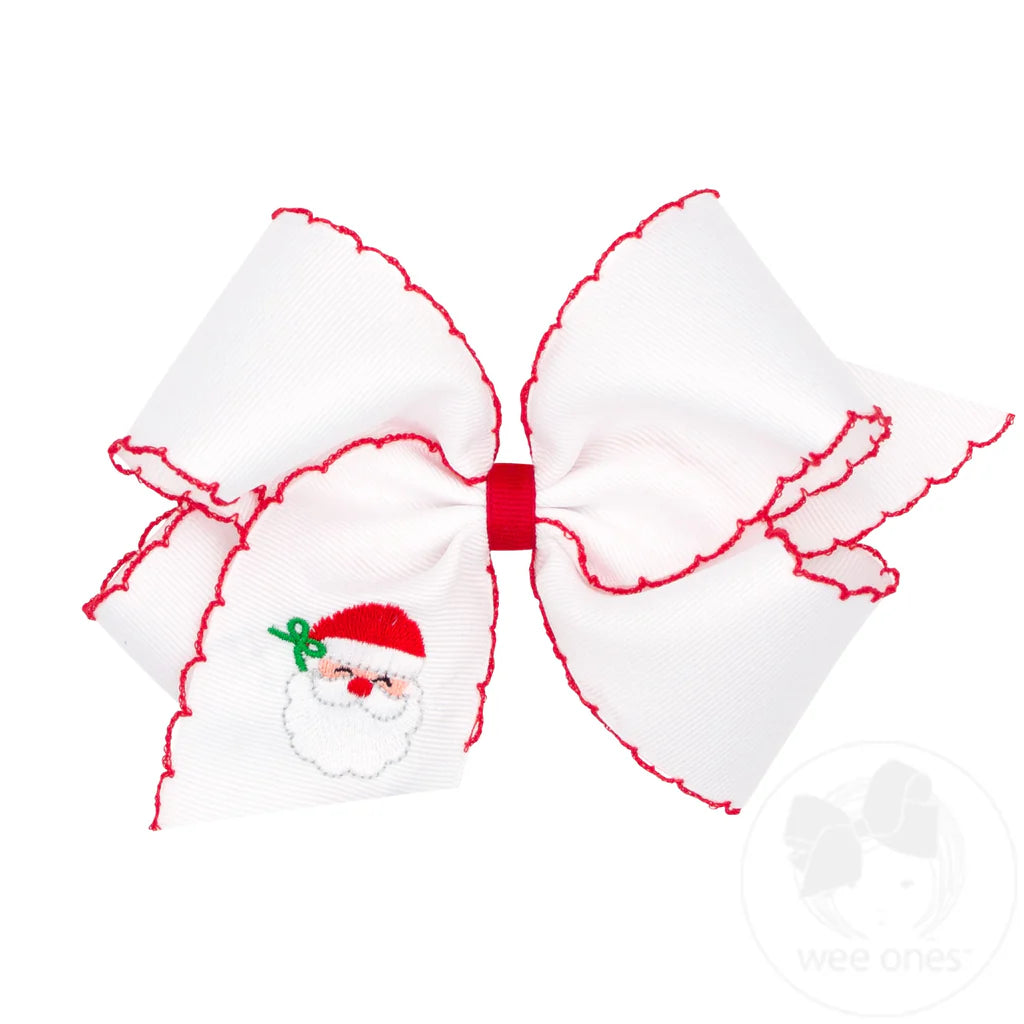 Santa Grosgrain Bow with Moonstitch Edge - White