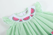 Load image into Gallery viewer, Watermelon Seersucker Smocked Bishop Dress
