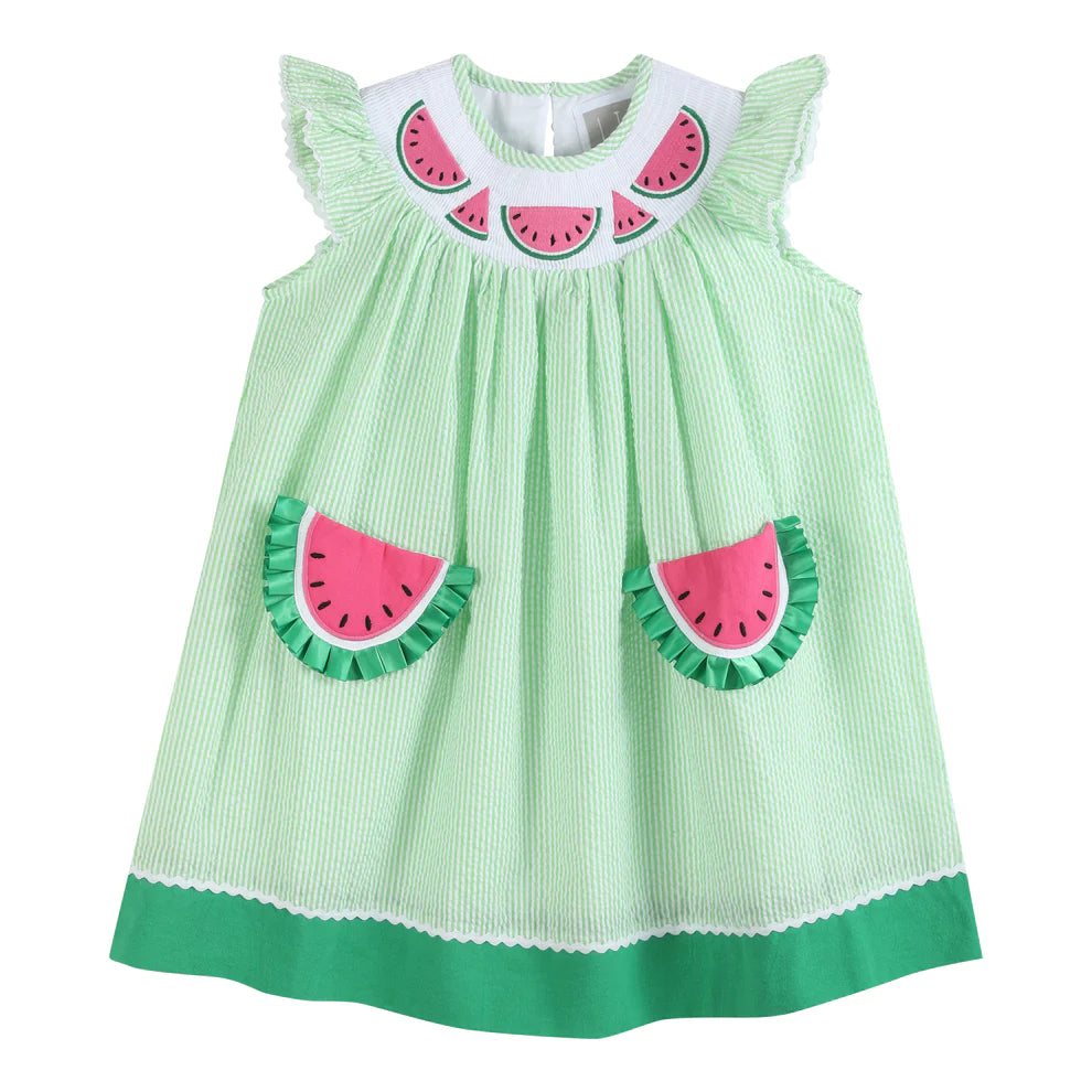 Watermelon Seersucker Smocked Bishop Dress