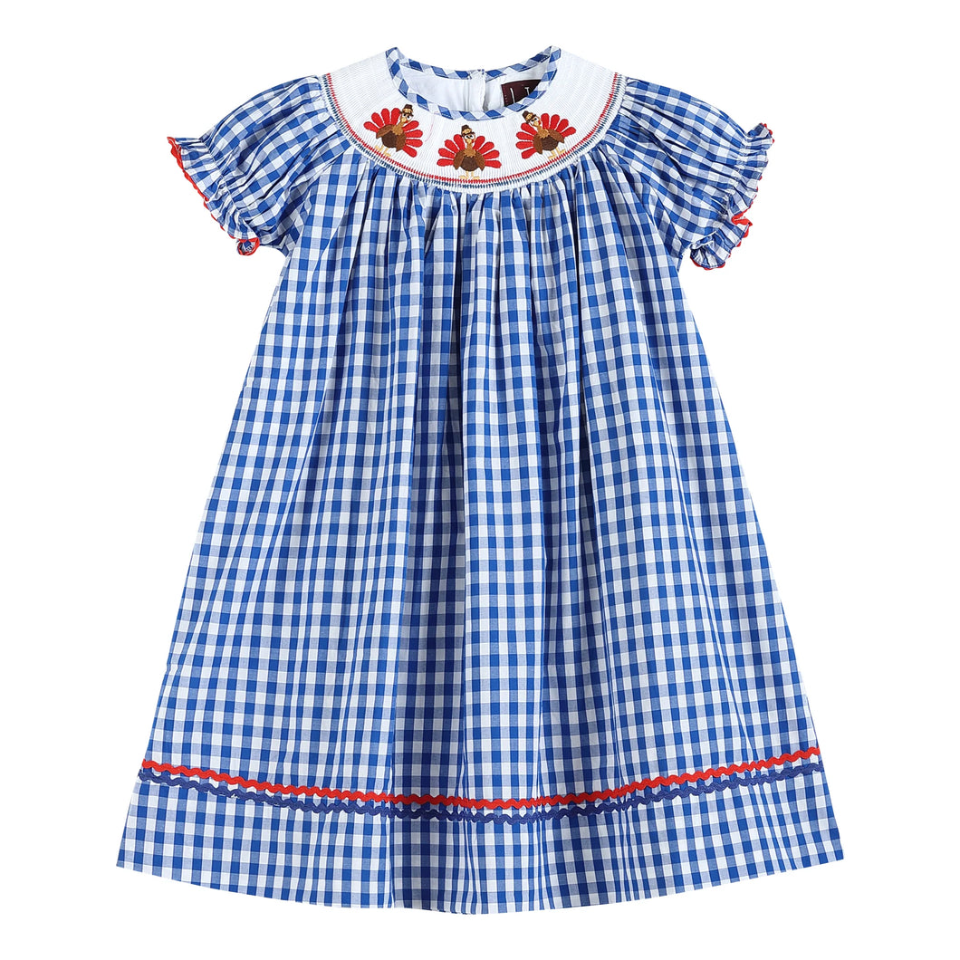 Dark Blue Gingham Turkey Smocked Bishop Dress