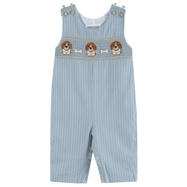Puppy Smocked Overalls - Light Blue