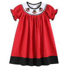 Load image into Gallery viewer, Red &amp; Black Football Smocked Bishop Dress
