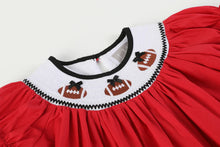 Load image into Gallery viewer, Red &amp; Black Football Smocked Bishop Dress
