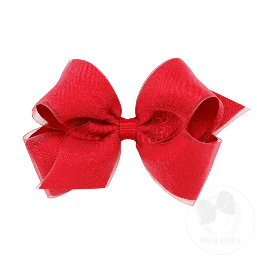 Organza and Grosgrain Overlay Hair Bow - Red