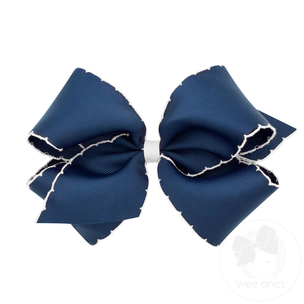 Moonstitch Grosgrain Bow with Contrasting Trim - Navy w/ White