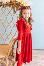 Load image into Gallery viewer, Velvet Ruffle Twirl Dress - Red
