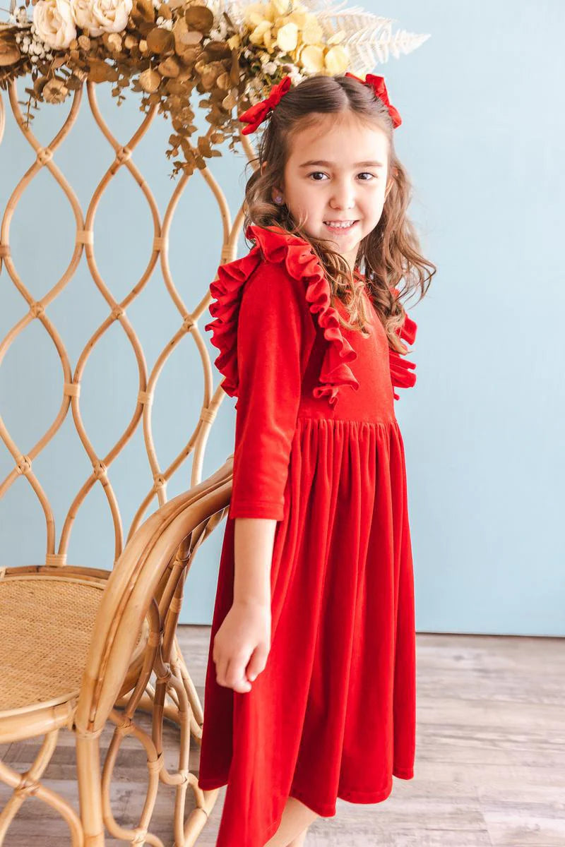 Velvet Ruffle Twirl Dress - Red