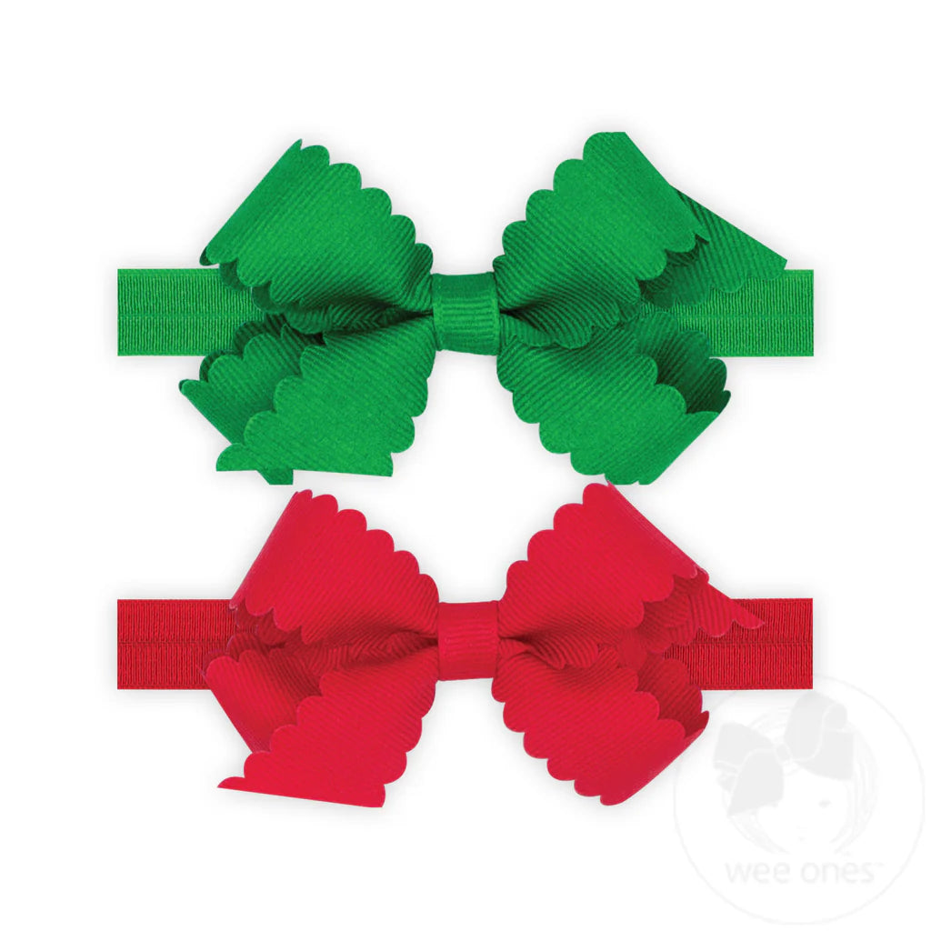 GIFT PACK! 2 Mini Scallop Bows w/ Bands - Green & Red