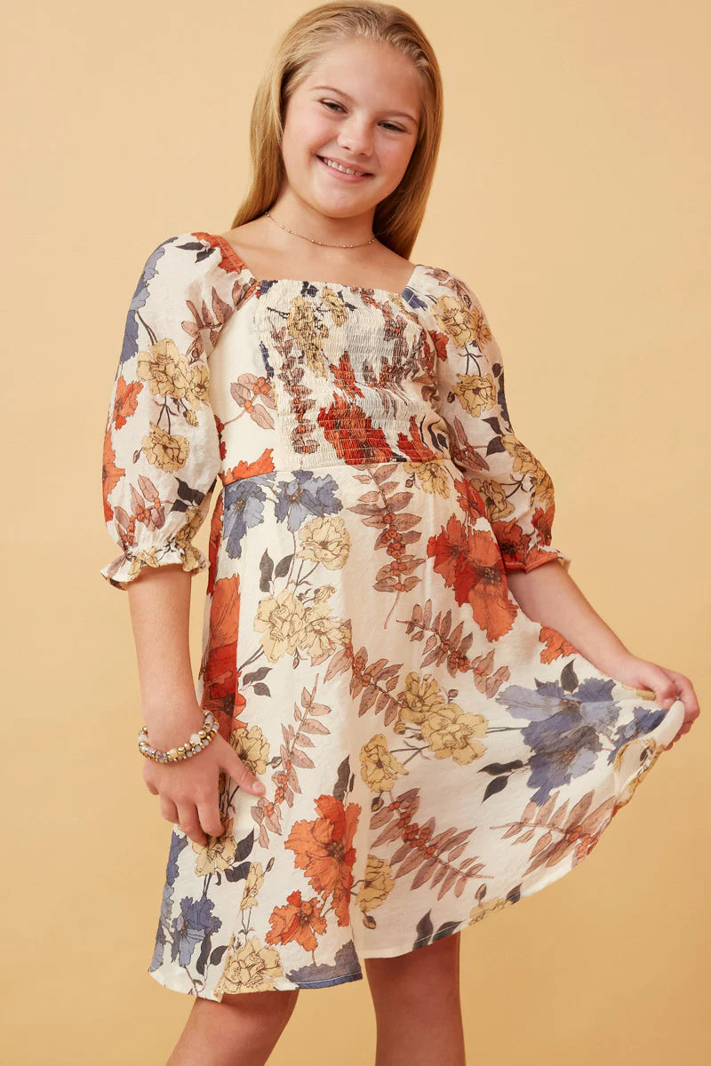 Textured Floral Smocked Square Neck Dress