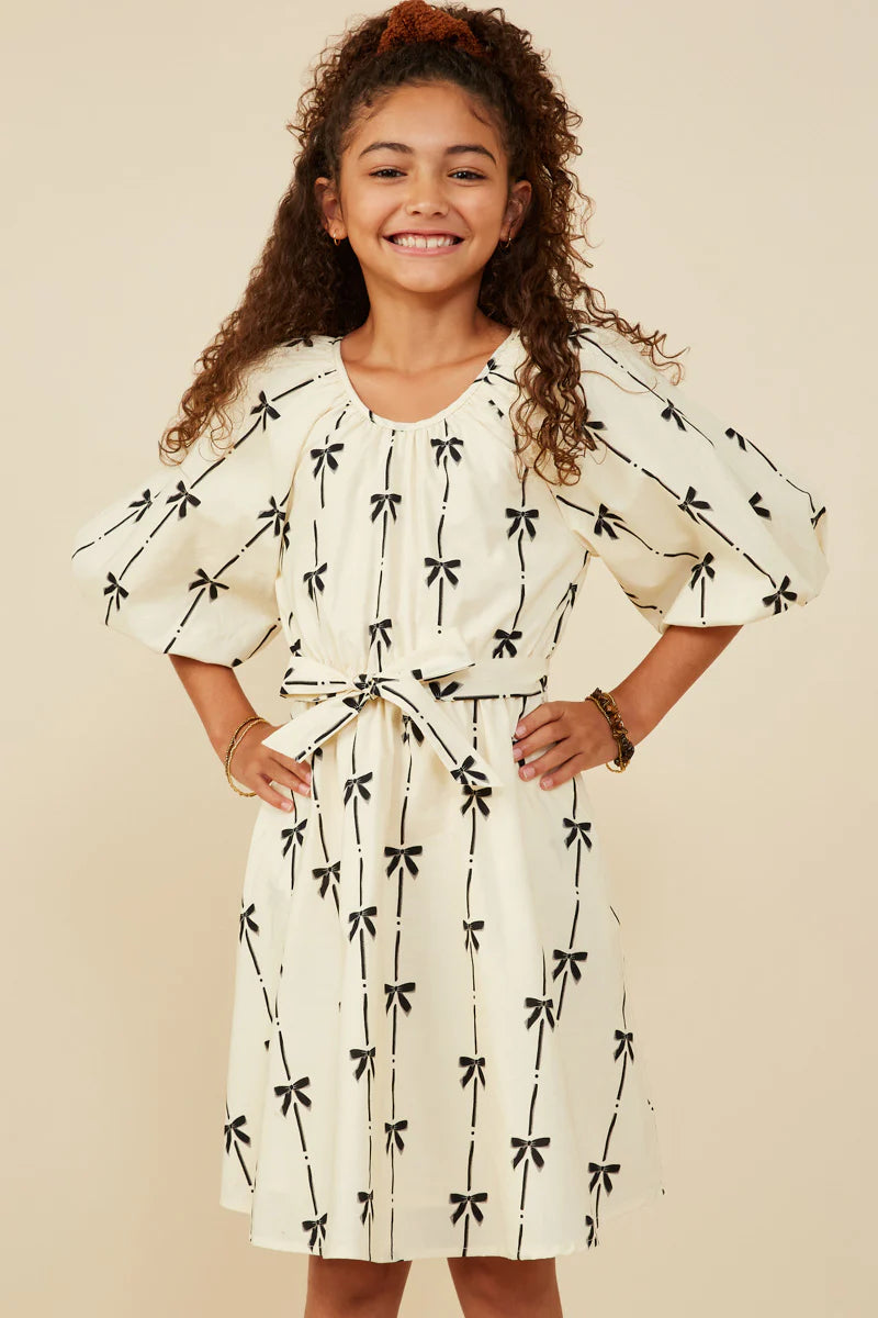 All Over Bow Print Belted Dress