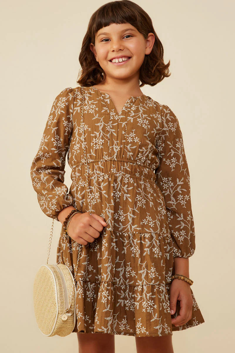 Notch Detail Long Sleeve Floral Embroidered Dress