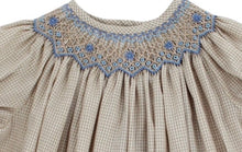 Load image into Gallery viewer, Bishop Dress - Khaki check with blue smocking
