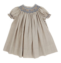 Load image into Gallery viewer, Bishop Dress - Khaki check with blue smocking

