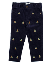 Load image into Gallery viewer, Boys Tinsel pants with Christmas trees - Navy
