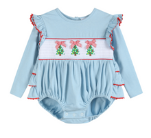 Load image into Gallery viewer, Light Blue Christmas Tree Smocked Knit Romper
