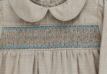 Load image into Gallery viewer, Khaki microcheck long-all/romper with smocking
