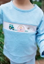 Load image into Gallery viewer, Click image to zoom LOUISVILLE LIGHT BLUE MINISTRIPE KNIT WITH FARM EMBROIDERY
