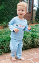 Load image into Gallery viewer, Click image to zoom LOUISVILLE LIGHT BLUE MINISTRIPE KNIT WITH FARM EMBROIDERY
