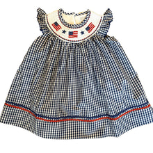 Load image into Gallery viewer, Blue Gingham American Flag Smocked Dress
