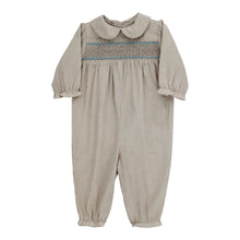 Load image into Gallery viewer, Khaki microcheck long-all/romper with smocking
