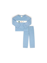 Load image into Gallery viewer, Click image to zoom LOUISVILLE LIGHT BLUE MINISTRIPE KNIT WITH FARM EMBROIDERY
