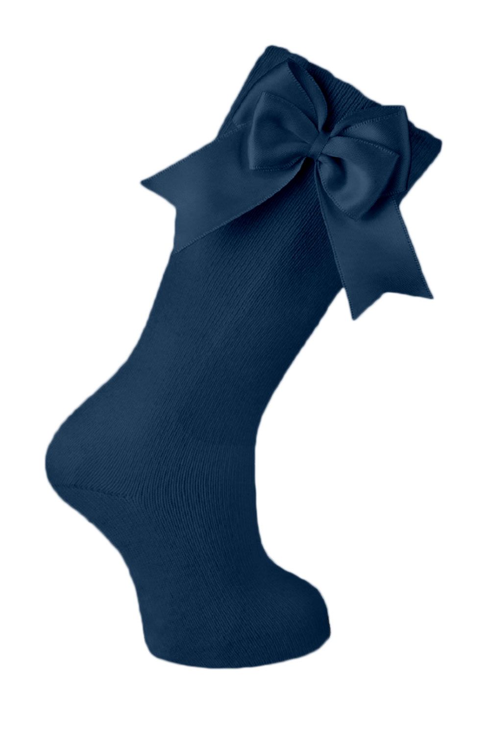 Cotton Knee Socks with Double Bow - Navy