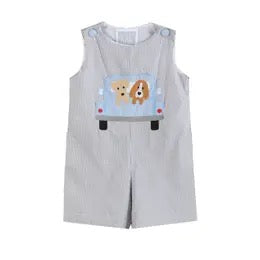 Puppies in Truck Shortall - Grey Gingham