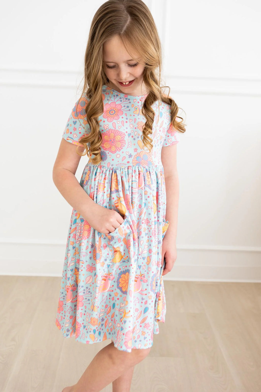 Pocket Twirl Dress - Blue Retro Unicorns