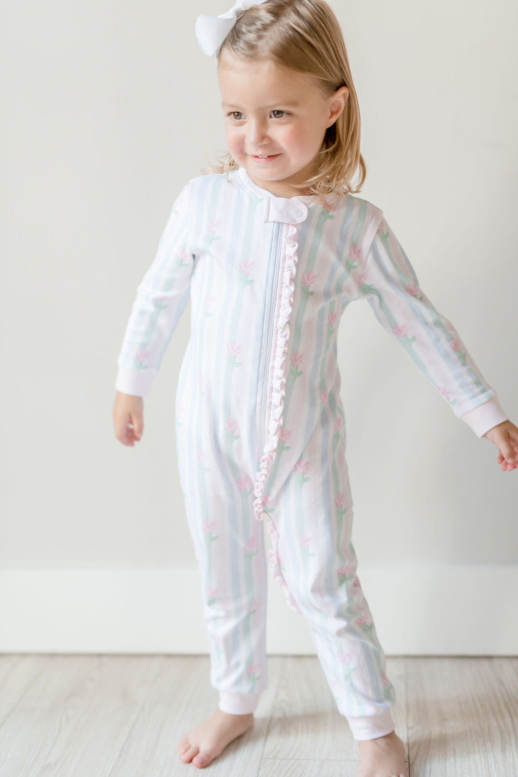 Zip Up Pajamas - Floral Pastel Stripe