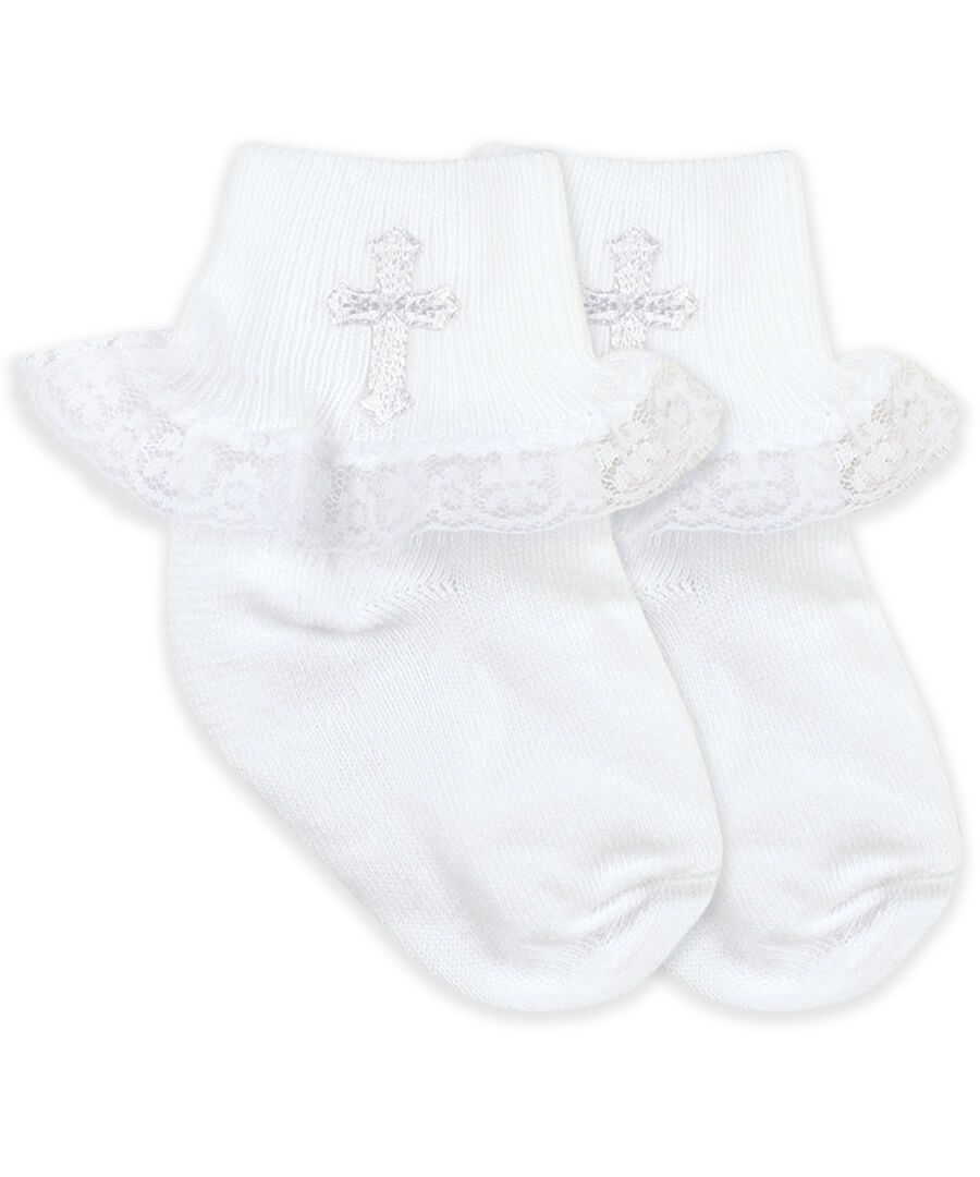 Seamless Toe Christening Socks with Lace - White