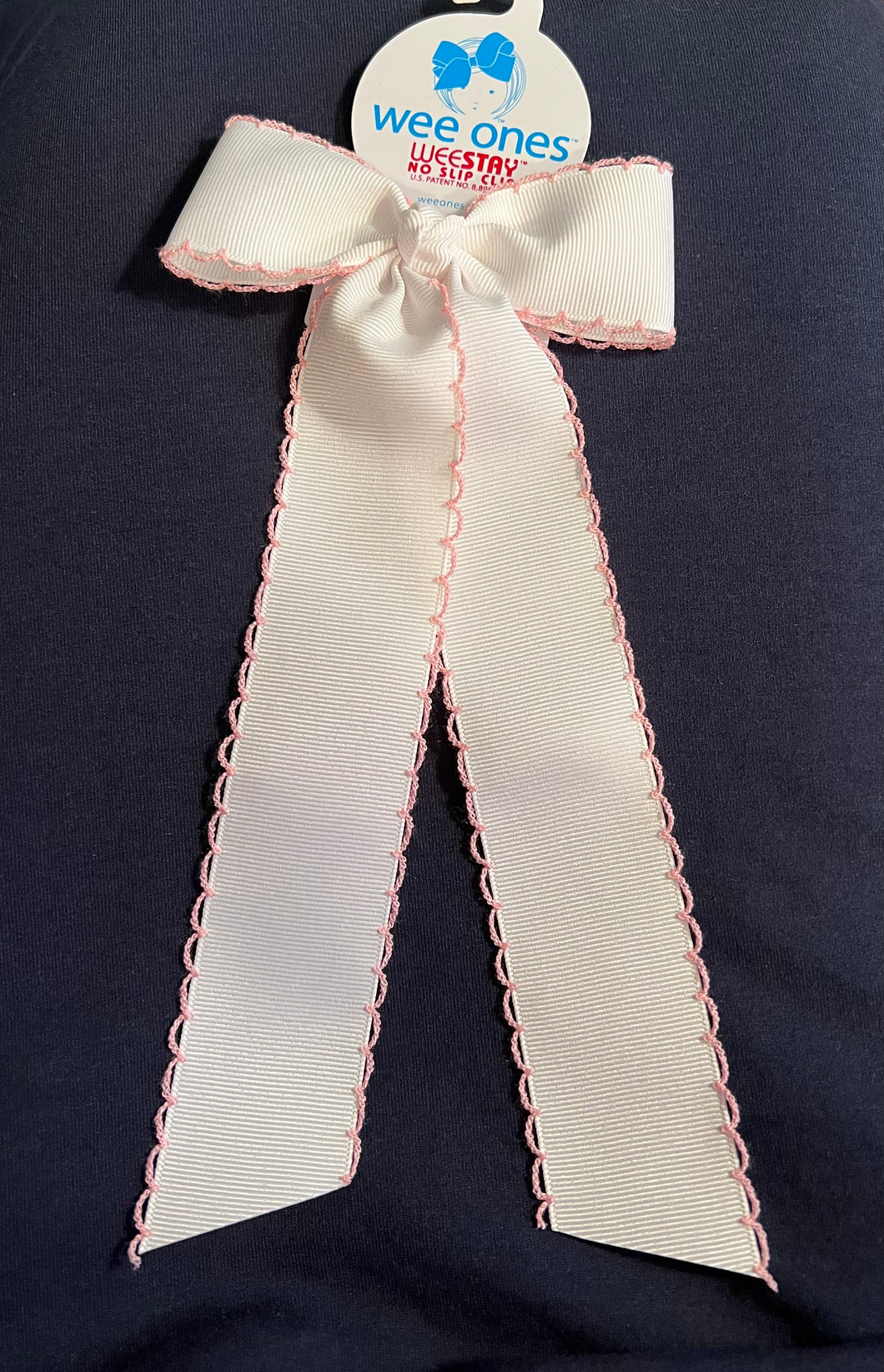 Moonstitch Bowtie with Streamer Tails - White w/ Light Pink