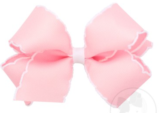 Moonstitch Grosgrain Bow with Contrasting Trim - Light Pink w/ White