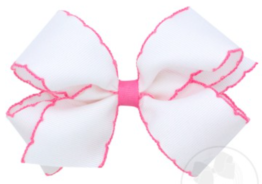 Moonstitch Grosgrain Bow with Contrasting Trim - White w/ Hot Pink