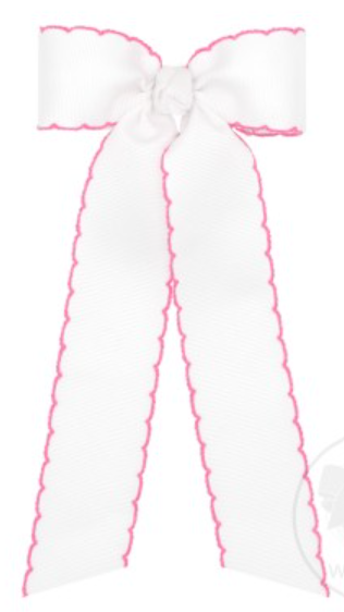 Moonstitch Bowtie with Streamer Tails - White w/ Hot Pink